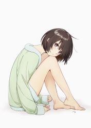 Rule 34 | 1girl, bare legs, barefoot, blouse, blush, bob cut, brown hair, closed mouth, commentary request, copyright request, full body, green shirt, grey background, head on knees, kawai makoto, long sleeves, looking at viewer, purple eyes, shirt, short hair, short shorts, shorts, signature, simple background, sitting, sleeves past wrists, solo