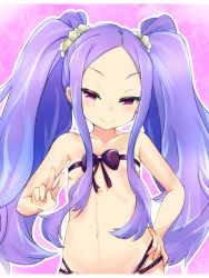 Rule 34 | 1girl, breasts, fate/grand order, fate (series), hand on own hip, loincloth, long hair, naughty face, navel, purple eyes, purple hair, ribbon, small breasts, smile, solo, twintails, upper body, v, very long hair, wu zetian (fate)
