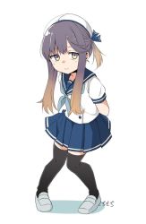 Rule 34 | 1girl, arms behind back, black thighhighs, blue neckerchief, blue ribbon, blue skirt, full body, gradient hair, grey footwear, kantai collection, loafers, moti coi, multicolored hair, neckerchief, pleated skirt, puffy short sleeves, puffy sleeves, purple eyes, purple hair, ribbon, school uniform, serafuku, shoes, short hair, short sleeves, sidelocks, simple background, skirt, solo, tareme, thighhighs, tsushima (kancolle), white background