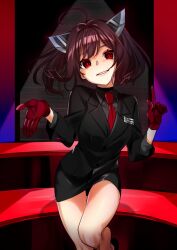 Rule 34 | 1girl, ahoge, alternate costume, black shirt, black suit, blade, copyright name, floating hair, foot out of frame, formal, gloves, grin, hair intakes, headgear, index finger raised, long sleeves, looking at viewer, medium hair, miniskirt, name tag, necktie, open hand, pencil skirt, red eyes, red gloves, red necktie, scp foundation, shirt, short twintails, skirt, skirt suit, smile, solo, spotlight, standing, standing on one leg, suit, touhoku kiritan, twintails, voiceroid, yodare (3yami8)