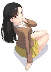 Rule 34 | 1girl, asymmetrical bangs, black footwear, black hair, boots, breast pocket, breasts, brown eyes, brown jacket, buchikaki, chi-hatan military uniform, commentary, from side, girls und panzer, jacket, knee boots, long hair, long sleeves, looking at viewer, looking to the side, medium breasts, nishi kinuyo, pleated skirt, pocket, simple background, sitting, skirt, smile, solo, straight hair, white background, yellow skirt