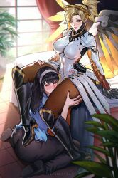Rule 34 | 2girls, ass, back, bed, bedroom, black footwear, black hair, blizzard (company), blonde hair, blue eyes, blush, boots, bracelet, breasts, brown pantyhose, commission, dress, earrings, flustered, glowing, glowing wings, groping, halo, highres, jewelry, kiss, kissing thigh, knee boots, large breasts, leggings, legs, looking at viewer, looking back, mechanical halo, mechanical wings, medium breasts, medium hair, mercy (overwatch), multiple girls, overwatch, overwatch 1, pantyhose, ponytail, sayanestia, sitting, skirt, sky, smile, spread wings, spy x family, squeezing, thick thighs, thigh grab, thighs, weapon, wings, yellow wings, yor briar, yuri