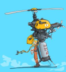 Rule 34 | 1girl, aircraft, blonde hair, blue background, boots, brown footwear, from side, gatling santouhei, helicopter, highres, jumpsuit, long hair, mecha, original, ponytail, robot, science fiction, solo, unconventional vehicle, vehicle focus, very long hair, wide shot