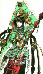 Rule 34 | 00s, 1girl, bad id, bad pixiv id, black hair, dress, goth fashion, green eyes, hat, kisaco a, lace, lance, lipstick, makeup, polearm, seth nightroad, short hair, simple background, solo, spear, standing, thighhighs, trinity blood, weapon