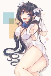 Rule 34 | 10s, 1girl, arm ribbon, black hair, blue eyes, blush, bow, breasts, cleavage, cleavage cutout, clothing cutout, dress, dungeon ni deai wo motomeru no wa machigatteiru darou ka, fang, gloves, hair ornament, hair ribbon, hand in own hair, heart, hestia (danmachi), large breasts, long hair, looking at viewer, lying, on floor, on side, open mouth, rei no himo, ribbon, riruno, short dress, sleeveless, sleeveless dress, smile, solo, twintails, twitter username, very long hair, white dress, white gloves