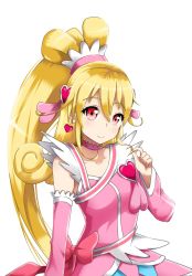 Rule 34 | 1girl, aida mana, arcana (trex97), blonde hair, brooch, cure heart, dokidoki! precure, galois, hair ornament, twirling hair, half updo, heart, heart brooch, heart hair ornament, highres, jewelry, long hair, pink eyes, ponytail, precure, red eyes, simple background, smile, solo, white background