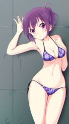 Rule 34 | 1girl, against wall, arm up, bad id, bad pixiv id, bikini, breasts, cleavage, clenched hand, commentary, cowboy shot, gochuumon wa usagi desu ka?, hair up, highres, leaning to the side, looking at viewer, medium breasts, navel, parted lips, pix mloof, plaid, plaid bikini, purple bikini, purple eyes, purple hair, short hair, side-tie bikini bottom, solo, standing, swimsuit, tedeza rize