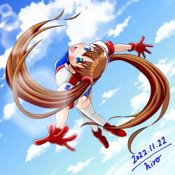 Rule 34 | 1girl, 2022, artist name, ass, athletic leotard, backflip, blue eyes, blue leotard, blush, boots, breasts, brown hair, cloud, dated, from behind, gloves, hiro68, jacket, jumping, kneepits, legs, leotard, long hair, looking at viewer, looking back, numan athletics, open mouth, outdoors, outstretched arms, red footwear, red gloves, sharon les halles, sky, smile, solo, thighhighs, thighs, twintails, white jacket, white thighhighs