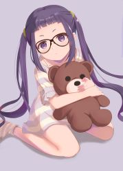 Rule 34 | 1girl, absurdres, aged down, blunt bangs, commentary, file112056, glasses, highres, looking at viewer, oogaki chiaki, purple eyes, purple hair, simple background, sitting, solo, stuffed animal, stuffed toy, teddy bear, twintails, wariza, yurucamp