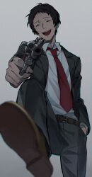 1boy adachi_tooru aiming aiming_at_viewer belt black_hair brown_belt brown_footwear closed_eyes collared_shirt film_grain foreshortening grey_jacket grey_pants gun hand_in_pocket highres holding holding_gun holding_weapon jacket male_focus necktie open_clothes open_jacket open_mouth pants persona persona_4 red_necktie shirt shirt_tucked_in short_hair solo stepped_on teeth upper_teeth_only weapon white_shirt yoshino_saku