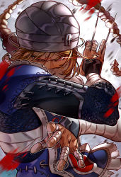 Rule 34 | 1girl, androgynous, armor, bandages, between fingers, blonde hair, braid, covered mouth, fighting stance, highres, holding, long hair, needle, nintendo, nips (ohnips), pointy ears, red eyes, reverse trap, scale armor, serious, sheik, single braid, solo, surcoat, the legend of zelda, the legend of zelda: ocarina of time, turban, weapon