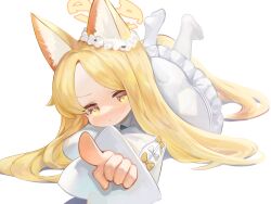 Rule 34 | 1girl, animal ear fluff, animal ears, blonde hair, blue archive, blush, dokomon, dress, fox ears, halo, highres, long hair, long sleeves, looking at viewer, lying, on stomach, pantyhose, parted lips, pointing, pointing at viewer, seia (blue archive), simple background, solo, white background, white dress, white pantyhose, yellow eyes, yellow halo