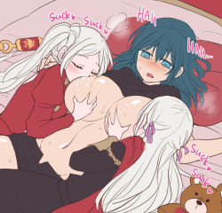 Rule 34 | 3girls, bed, blue eyes, blue hair, blush, grabbing another&#039;s breast, breast sucking, breasts, byleth (female) (fire emblem), byleth (fire emblem), closed eyes, clothed sex, clothes, double breast sucking, edelgard von hresvelg, fire emblem, grabbing, groping, half-closed eyes, huge breasts, lactation, long hair, lying, multigrope, multiple girls, nagasawa (tthnhk), nintendo, on bed, open clothes, open mouth, white hair, yuri