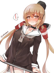 Rule 34 | 1girl, amatsukaze (kancolle), amatsukaze (kancolle) (cosplay), black bow, black choker, black headwear, black panties, blush, bow, breasts, brown dress, brown eyes, choker, closed mouth, clothes pull, cosplay, covered erect nipples, cowboy shot, dress, dress pull, full-face blush, fur hat, gloves, hair bow, hair tubes, hat, highres, kantai collection, light brown hair, long hair, low twintails, medium breasts, navel, panties, papakha, pulled by self, sailor dress, see-through, short dress, star (symbol), takase muh, tashkent (kancolle), thighs, twintails, twitter username, underwear, wavy mouth, white background, white gloves