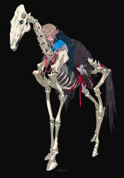 Rule 34 | 1boy, animal skull, bandages, black background, blonde hair, blood, blood on face, bloody bandages, cloak, creature, earrings, closed eyes, full body, highres, horse, horse tail, horseback riding, jewelry, kaninn, link, long hair, looking at another, lying, multicolored eyes, nintendo, on stomach, pointy ears, reins, ribs, riding, ringed eyes, simple background, skeleton, skeleton horse, skull, sleeping, stalhorse, tail, teeth, the legend of zelda, the legend of zelda: breath of the wild, tunic