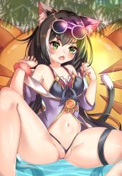 Rule 34 | absurdres, animal ear fluff, animal ears, bikini, black bikini, black hair, blush, breasts, cameltoe, cat ears, cat girl, cat tail, chestnut mouth, cleft of venus, fang, fat mons, front-tie top, green eyes, highres, innertube, innertube with ears, jacket, karyl (princess connect!), long hair, looking at viewer, low twintails, medium breasts, micro bikini, multicolored hair, navel, open mouth, partially submerged, partially visible vulva, pink scrunchie, plant, princess connect!, purple jacket, scrunchie, sitting, spread legs, squatting, streaked hair, sunglasses, sunglasses on head, swim ring, swimsuit, tail, thick thighs, thigh strap, thighs, thong bikini, twintails, two-tone hair, very long hair, water, wet, white-framed eyewear, white hair, wrist scrunchie