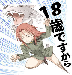 Rule 34 | 1girl, agahari, animal ears, dragon ball, minna-dietlinde wilcke, panties, parody, red hair, rogafufuken, solo, strike witches, tail, translated, underwear, uniform, wolf, wolf ears, world witches series