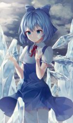 Rule 34 | 1girl, absurdres, bad id, bad pixiv id, blue bow, blue dress, blue eyes, blue hair, bow, breasts, cirno, clip studio paint (medium), collared shirt, dress, frown, hair between eyes, hair bow, highres, ice, ice wings, looking at viewer, nankam, neck ribbon, pinafore dress, puffy short sleeves, puffy sleeves, red ribbon, ribbon, shirt, short hair, short sleeves, sleeveless dress, small breasts, solo, standing, touhou, white shirt, wing collar, wings