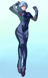 Rule 34 | 1girl, arms up, artist request, ayanami rei, black bodysuit, blue hair, bodysuit, breasts, evangelion: 3.0 you can (not) redo, full body, gradient background, hair ornament, long sleeves, looking to the side, neon genesis evangelion, plugsuit, rebuild of evangelion, red eyes, short hair, simple background, solo, wide hips