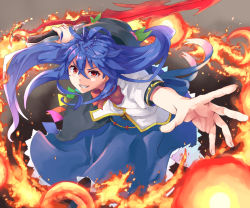 Rule 34 | 1girl, alternate weapon, blue hair, bow, dress, fang, fire, food, foreshortening, frilled skirt, frills, fruit, furrowed brow, gradient background, grin, gunblade, hat, hat loss, highres, hinanawi tenshi, holding, holding weapon, layered dress, leaning forward, long hair, long skirt, looking at viewer, mumyuu, open hand, outstretched hand, peach, puffy short sleeves, puffy sleeves, red eyes, red neckwear, reverse grip, short sleeves, skirt, smile, smoke, solo, standing, teeth, thick eyebrows, touhou, very long hair, weapon