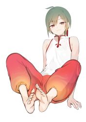Rule 34 | ahoge, androgynous, bad id, bad twitter id, barefoot, chinese clothes, closed mouth, earrings, foot focus, foreshortening, full body, gender request, green hair, highres, jewelry, konbu wakame, looking at viewer, nijisanji, purple eyes, ryuushen, short hair, sitting, sleeveless, smile, solo, virtual youtuber