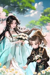 Rule 34 | 1girl, absurdres, artist request, bad link, bare shoulders, black hair, blue sky, character request, cherry blossoms, cloud, detached sleeves, doupo cangqiong, dress, earrings, facial mark, falling petals, flower, forehead mark, gu xun er (doupo cangqiong), hair ornament, highres, holding, holding flower, jewelry, long hair, outdoors, petals, sky, solo, source request, tree, upper body, white dress, white flower