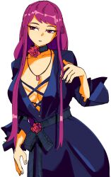 Rule 34 | 1girl, 3amsoda, absurdres, alternate costume, belt, black choker, blue dress, breasts, choker, cleavage, cross-laced clothes, cross-laced dress, dress, female focus, fire emblem, fire emblem engage, flower, hair down, highres, ivy (fire emblem), jewelry, large breasts, long hair, matching hair/eyes, necklace, nintendo, parted bangs, parted lips, purple eyes, purple hair, rose, simple background, solo, standing, swept bangs, white background