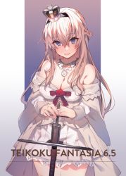 Rule 34 | 1girl, :d, black hairband, blonde hair, blue eyes, blush, breasts, cleavage, cowboy shot, crown, dress, flower, hair between eyes, hairband, holding, holding sword, holding weapon, jewelry, kantai collection, long hair, long sleeves, looking at viewer, multicolored background, multiple girls, necklace, off-shoulder dress, off shoulder, open mouth, red flower, red ribbon, red rose, ribbon, rose, smile, solo, soukou makura, standing, sword, waist cape, warspite (kancolle), weapon, white dress