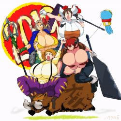 Rule 34 | 2019, 4girls, animal, animal ears, animated, animated gif, arms up, boar, breasts, brown hair, bursting breasts, cleavage, cow girl, eyebrows, closed eyes, floating, gigantic breasts, gloves, happy new year, hataraki ari, holding, holding weapon, horns, long hair, monkey ears, monkey girl, multiple girls, new year, open mouth, original, parra, red hair, running, shimomo, short hair, sitting, smile, sukimi, suspenders, tail, tsurime, ukimi, weapon