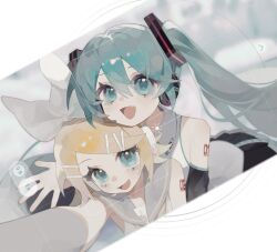 Rule 34 | 2girls, aqua eyes, aqua hair, aqua trim, arm at side, bare shoulders, black skirt, black sleeves, blonde hair, blush, bow, collared shirt, detached sleeves, fang, flipped hair, foreshortening, grey sailor collar, grey sleeves, hair between eyes, hair bow, hair ornament, hand up, hatsune miku, headphones, headset, highres, kagamine rin, long hair, looking at viewer, multiple girls, open mouth, rcs 4, reaching, reaching towards viewer, sailor collar, selfie, shirt, short hair, skirt, sleeveless, sleeveless shirt, smile, swept bangs, twintails, upper body, vocaloid, white bow, white headphones, white shirt, yellow trim