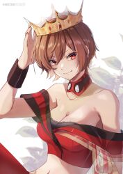 Rule 34 | 1girl, absurdres, breasts, brown hair, commentary, crop top, crown, highres, large breasts, meiko (vocaloid), red eyes, red nails, short hair, smile, solo, symbol-only commentary, vocaloid, wrist cuffs, yen-mi