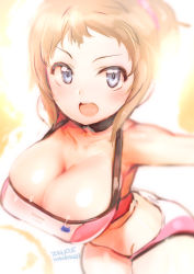 Rule 34 | 10s, 1girl, :d, armpits, blue eyes, breasts, cleavage, gundam, gundam build fighters, gundam build fighters try, highres, hoshino fumina, large breasts, looking at viewer, navel, open mouth, ponytail, rondo bell, smile, sports bra, two-tone sports bra
