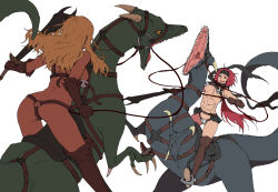 Rule 34 | 2girls, armor, ass, bikini armor, blonde hair, boots, dragon, fighting, from behind, fumitan (humitan), gloves, horns, monster, multiple girls, muscular, red hair, riding, saddle, sword, thigh boots, thighhighs, weapon