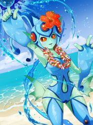 Rule 34 | 1girl, artist request, beach, blue sky, breasts, clothing cutout, colored skin, digimon, fish girl, flower, flower on head, frog girl, green skin, looking to the side, navel, navel cutout, ocean, one-piece swimsuit, ranamon, red eyes, shiny skin, sky, smile, solo, swimsuit, water, wide hips