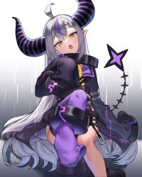 Rule 34 | 1girl, absurdres, ahoge, ankle cuffs, ascot, collar, commentary request, demon horns, dress, feet, foot out of frame, head tilt, highres, hololive, horns, la+ darknesss, leg up, long hair, long sleeves, looking at viewer, metal collar, multicolored hair, no shoes, open mouth, pointy ears, purple dress, purple hair, purple thighhighs, silver hair, single thighhigh, sitting, sleeves past fingers, sleeves past wrists, solo, streaked hair, striped horns, tail, tail raised, thighhighs, very long hair, virtual youtuber, ybee, yellow ascot, yellow eyes