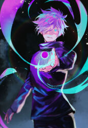 Rule 34 | 1boy, absurdres, aqua eyes, black background, black pants, black shirt, casentine, closed mouth, colored sclera, commentary, cowboy shot, english commentary, glowing, gojou satoru, hair over one eye, highres, jujutsu kaisen, long sleeves, looking at viewer, male focus, orb, outstretched arm, pants, pink sclera, purple hair, reaching, reaching towards viewer, shirt, short hair, solo, standing