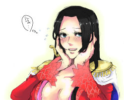 Rule 34 | 1girl, black hair, blue eyes, blush, boa hancock, breasts, cape, cleavage, earrings, female focus, gradient background, highres, jacket, jewelry, long hair, one piece, red jacket, solo, white background