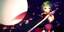 Rule 34 | 1girl, bare shoulders, bat wings, blue eyes, full moon, goggles, goggles around neck, green hair, gumi, highres, japanese clothes, katana, looking at viewer, momoiro oji, moon, night, obi, sash, short hair, smile, solo, sword, vocaloid, weapon, wings