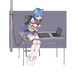 Rule 34 | 1girl, absurdres, amiba (amiba00638239), animal ears, arms behind back, bdsm, blue eyes, blue hair, blue sailor collar, blue skirt, blush, bondage, bound, bound legs, breasts, cat ears, cat tail, chain, chair, character request, collar, computer, cuffs, desk, egg vibrator, female focus, full body, gag, gagged, hair between eyes, heart, heart-shaped pupils, highres, improvised gag, laptop, long hair, long sleeves, matching hair/eyes, miniskirt, mouth hold, mouth stuffed, nipple stimulation, pleated skirt, pole, pussy juice, remote control vibrator, rope, sailor collar, school uniform, serafuku, sex toy, shackles, shibari, shibari over clothes, shirt, simple background, sitting, skirt, small breasts, solo, stylus, symbol-shaped pupils, tablet, tail, tears, thighhighs, two-tone background, vibrator, vibrator cord, vibrator in thighhighs, vibrator on nipple, vibrator under clothes, wet, wet clothes, white shirt, white thighhighs, x-ray, zettai ryouiki