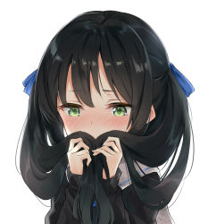 Rule 34 | 1girl, absurdres, azuuru (azure0608), bad id, bad pixiv id, black hair, blue ribbon, blush, check commentary, commentary request, covering own mouth, dated, embarrassed, green eyes, hair ribbon, hands in hair, highres, holding, holding own hair, long hair, long sleeves, original, revision, ribbon, sailor collar, scarf, simple background, solo, twintails, white background