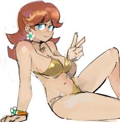 Rule 34 | 1girl, 33dot, arm support, bikini, blue eyes, breasts, brown hair, cleavage, highres, large breasts, legs, looking at viewer, mario (series), navel, nintendo, parted lips, princess, princess daisy, short hair, sitting, smile, solo, super mario land, swimsuit, thighs, v