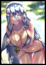 Rule 34 | 1girl, azura (fire emblem), blue hair, breasts, fire emblem, fire emblem fates, hands on own chest, highres, jewelry, large breasts, long hair, necklace, nintendo, open mouth, outdoors, swimsuit, takecha, upper body, veil, yellow eyes