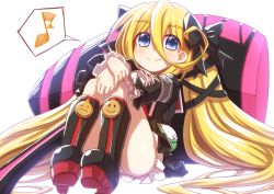 Rule 34 | 1girl, blue eyes, blush, frills, hair between eyes, hair ribbon, long hair, looking at viewer, mary skelter, mizunashi (second run), musical note, quaver, rapunzel (mary skelter), ribbon, smile, solo, speech bubble, spoken musical note