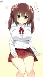 Rule 34 | 10s, 1girl, blush, breasts, brown eyes, brown hair, ebina nana, female focus, flying sweatdrops, gradient background, highres, himouto! umaru-chan, large breasts, long hair, pleated skirt, red skirt, school uniform, sitting, skirt, sky-freedom, solo, twintails, uniform, wavy mouth