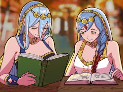 Rule 34 | 2girls, azura (fire emblem), bare shoulders, blue hair, blurry, blurry background, book, breasts, cleavage, closed mouth, collarbone, commentary, english commentary, fire emblem, fire emblem fates, forehead jewel, gem, gradient hair, holding, holding book, jewelry, light blue hair, lilith (fire emblem), medium breasts, mnejing30, multicolored hair, multiple girls, necklace, nintendo, open book, red gemstone, red hair, smile, table, two-tone hair, veil, wooden table, yellow eyes