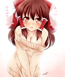 Rule 34 | 1girl, bare shoulders, blush, bow, breasts, brown hair, cleavage, hair bow, hair tubes, hakurei reimu, haruki (colorful macaron), large breasts, looking at viewer, naked sweater, off-shoulder, off-shoulder sweater, open mouth, solo, sweater, touhou, translation request