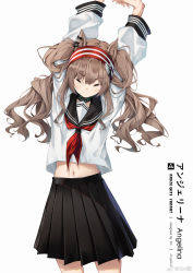 Rule 34 | 1girl, alternate costume, angelina (arknights), animal ears, arknights, arms up, artist name, black collar, black sailor collar, black skirt, brown hair, character name, chinese commentary, closed eyes, collar, commentary request, copyright name, cowboy shot, earpiece, facing viewer, fox ears, hairband, highres, infection monitor (arknights), long hair, long sleeves, midriff, navel, neckerchief, pleated skirt, red hairband, red neckerchief, sailor collar, school uniform, serafuku, shirt, sin., skirt, solo, stretching, striped clothes, striped hairband, twintails, weibo watermark, white shirt