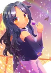 Rule 34 | 1girl, bare shoulders, black hair, blurry, blurry background, blush, brown eyes, candy, chain-link fence, closed mouth, commentary request, depth of field, detached sleeves, fence, food, hand up, holding, holding candy, holding food, holding lollipop, kou hiyoyo, lollipop, long hair, long sleeves, looking at viewer, looking to the side, original, parted bangs, pink skirt, pleated skirt, purple shirt, purple sleeves, rainbow, shirt, skirt, sleeveless, sleeveless shirt, smile, solo, sunset