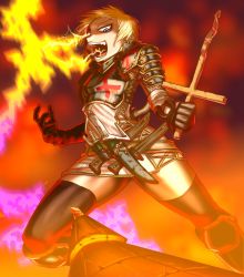 Rule 34 | 10s, 1girl, armor, blonde hair, blue eyes, boro, crazy, cross, drifters, fire, gloves, inverted cross, jeanne d&#039;arc, jeanne d&#039;arc (drifters), knife, level-5, lightning, real life, solo, thighhighs, weapon