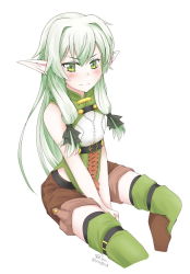 Rule 34 | 10s, 1girl, bare shoulders, blush, boots, bow, dated, elf, flat chest, goblin slayer!, green eyes, green hair, hair bow, half-closed eyes, high elf archer (goblin slayer!), highres, long hair, looking at viewer, pointy ears, shorts, sidelocks, signature, simple background, sitting, sleeveless, thigh boots, thighhighs, white background